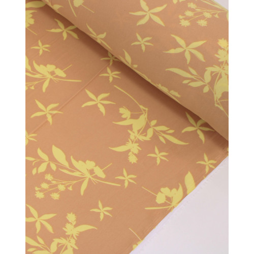 Tecido Crepe Koshibo Ramos de Flores Amarelo Manteiga e Castanho