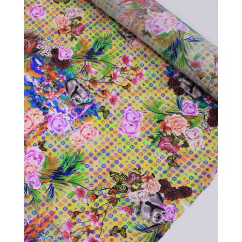 Tecido Tactel Fino Estampa Floral e Coelhos Colorido