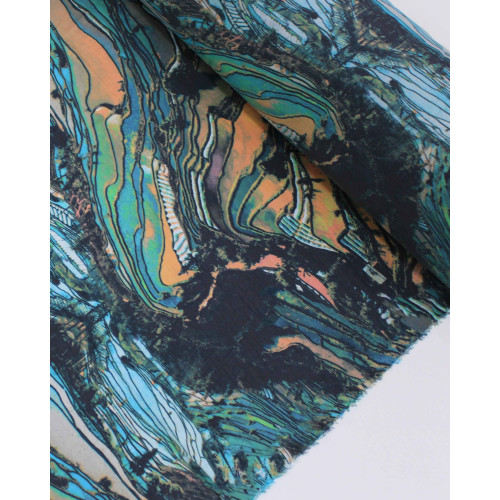 Tecido Crepe de Seda Mista Estampa Abstrata Argila e Tons de Verde