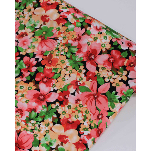 Tecido Viscose Texturizada Tapete Floral Colorido e Preto
