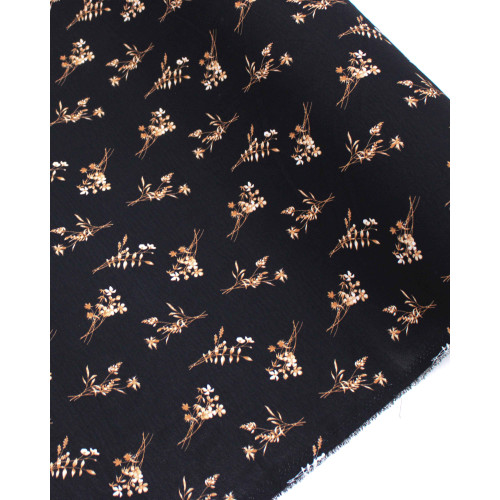Tecido Crepe Koshibo Micro Buque Floral Cobre e Preto