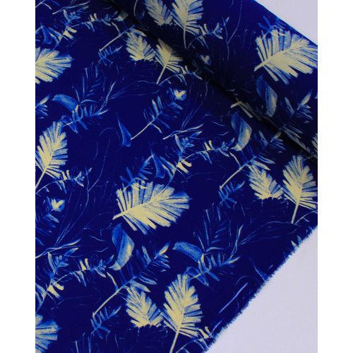 Tecido Crepe Koshibo Folhagens Creme e Azul Marinho