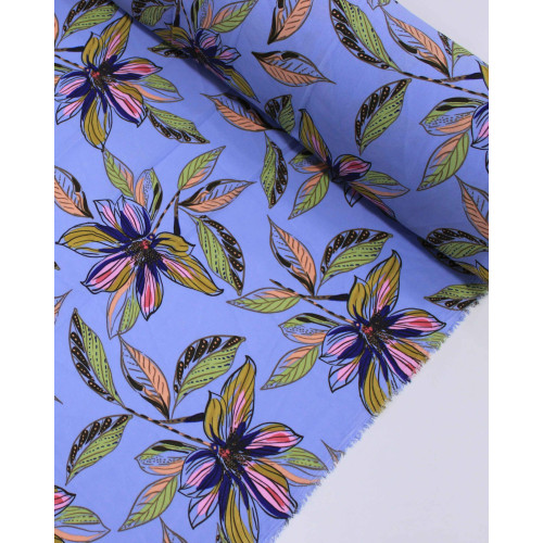 Tecido Crepe Koshibo Ramos e Flores Verde e Tons de Azul