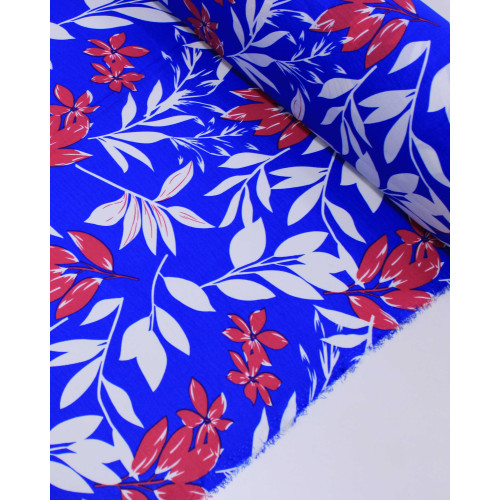 Tecido Crepe Koshibo Macro Ramos Vermelho, Branco e Azul