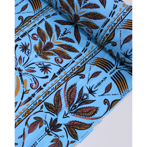 Tecido Crepe Koshibo Ramos Abstratos Entre Listras Tons de Marrom e Azul Claro