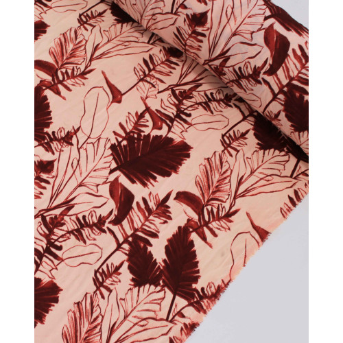 Tecido Crepe Koshibo Folhagens Marsala e Salmão