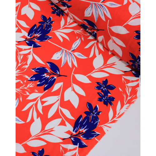 Tecido Crepe Koshibo Macro Ramos Azul Marinho, Branco e Vermelho Vivo