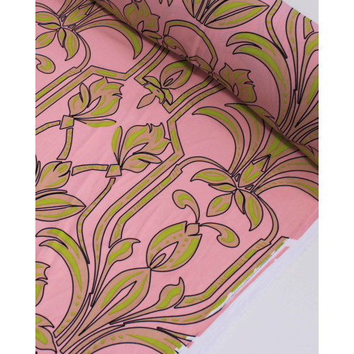 Tecido Crepe Koshibo Macro Arabescos Verde, Bege e Rosa Claro