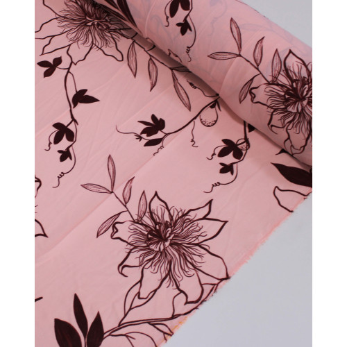 Tecido Crepe Koshibo Rascunho Floral Borgonha e Rosa Claro