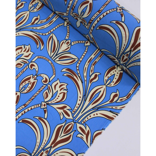 Tecido Crepe Koshibo Macro Arabescos Marrom, Offwhite e Azul Céu