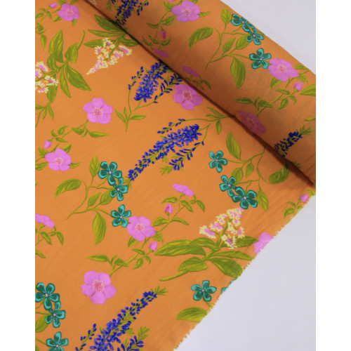 Tecido Viscose Jardim Floral Colorido e Laranja