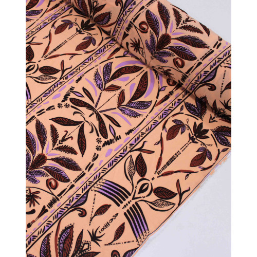 Tecido Crepe Koshibo Ramos Abstratos Entre Lisras Marrom, Lilás e Salmão