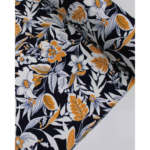 Tecido Crepe Sarjado Macro Ramos e Flores Amarelo, Branco e Azul Marinho Noite