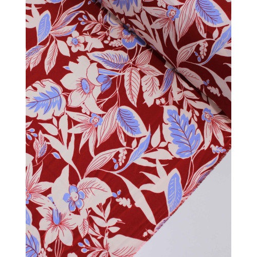 Tecido Crepe Sarjado Ramos e Flores Azul, Branco e Vermelho