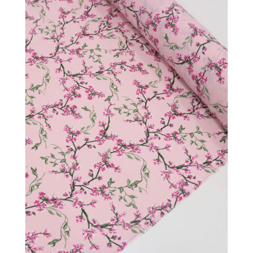 Tecido Crepe Koshibo Leve Ramos Florais Verde e Tons de Rosa