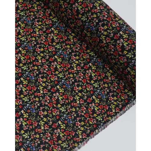 Tecido Crepe Koshibo Leve Tapete Floral Colorido e Preto