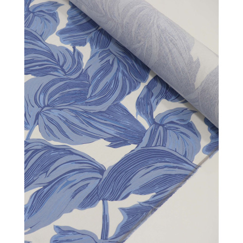Tecido Linho Misto Estampado Macro Folhas Tons de Azul e Branco
