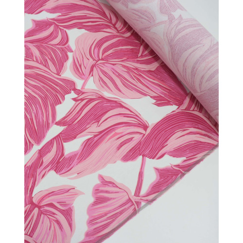 Tecido Linho Misto Estampado Macro Folhas Tons de Rosa e Branco