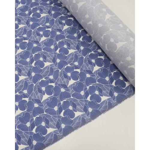 Tecido Linho Misto Estampado Tapete Floral Azul e Branco