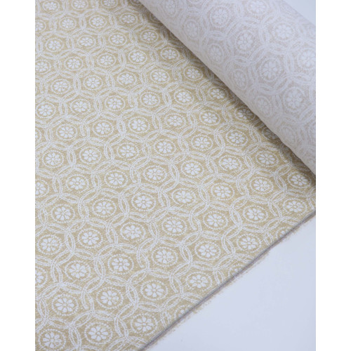 Tecido Linho Misto Estampado Mandalas e Flores Branco e Bege Claro
