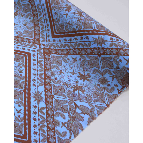 Tecido Viscose Estampa Lenço Tropical Castanho e Azul Bebê