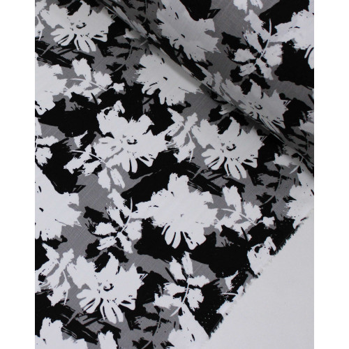 Tecido Viscose Texturizada Folhas Abstratas Sobrepostas Branco, Cinza e Preto