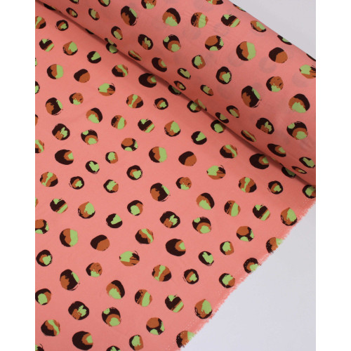 Tecido Viscose Pingos Irregulares Estampados Verde, Tons de Marrom e Rosa Claro