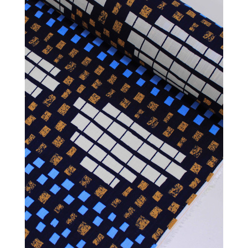 Tecido Viscose Texturizada Listras Geométricas Offwhite, Laranja e Tons de Azul