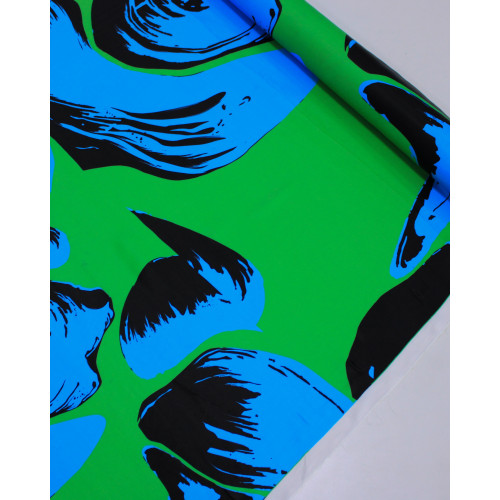 Tecido Viscose Acetinada Macro Estampa Abstrata Preto, Azul e Verde