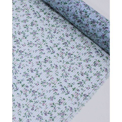 Tecido Crepe Chiffon Italiano Micro Flores em Listras Rosa Tons de Verde e Branco