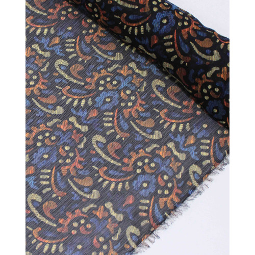 Tecido Crepe Chiffon Texturizado Italiano Estampa Absrata em Riscos Colorido e Preto
