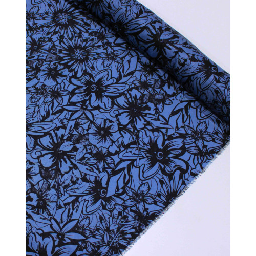 Tecido Viscose Acetinado Italiano Tapete Floral Preto e Azul Petróleo