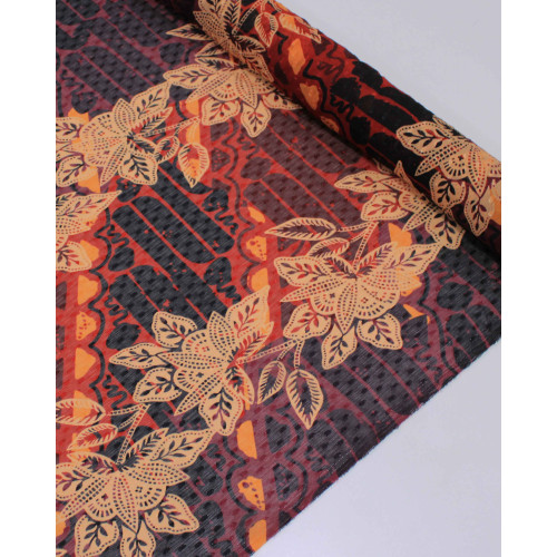 Tecido Crepe Chiffon Texturizado Italiano Brocado Listras Florais Muli Estampadas Tons de Vermelho