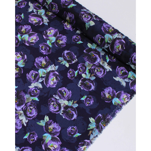 Tecido Viscose Acetinada Italiano Campo de Flores Roxo e Tons de Cinza