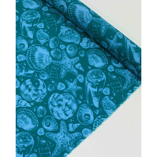 Tecido Viscose Italiano Conchas e Esrelas do Mar Azul e Verde Água