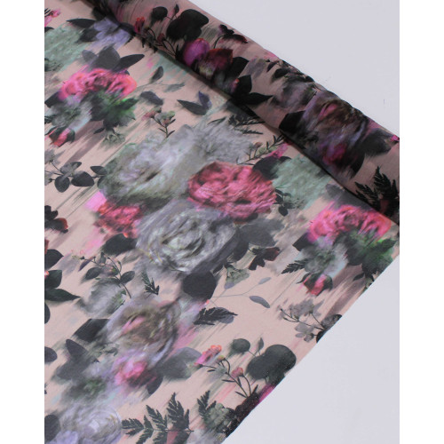 Tecido Crepe Chiffon Italiano Campo de Flores em Desfoque Colorido e Nude