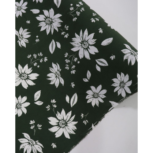 Tecido Crepe Koshibo Leve Margaridas Branco e Verde Militar
