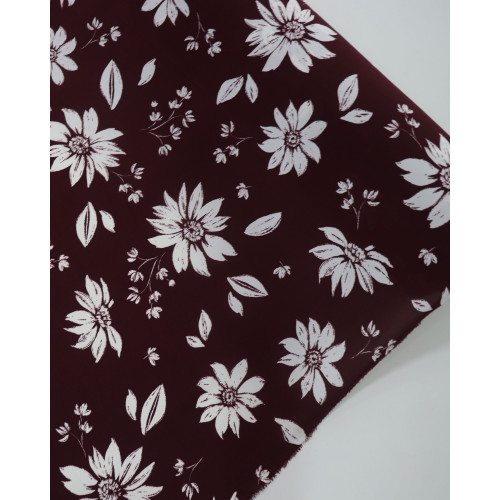 Tecido Crepe Koshibo Leve Margaridas Branco e Marsala