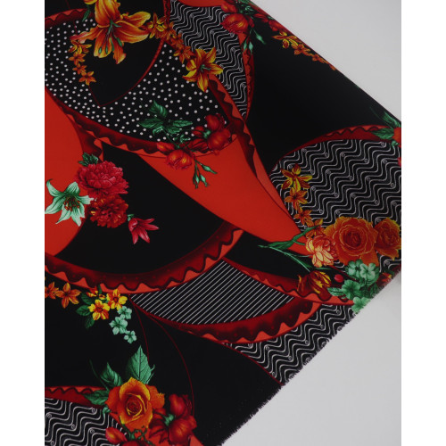 Tecido Crepe Bubble Multi Estampado Laranja e Preto