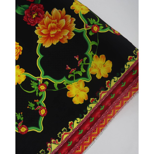 Tecido Crepe Bubble Barrado Duplo Macro Floral Tons Vibrantes e Preto