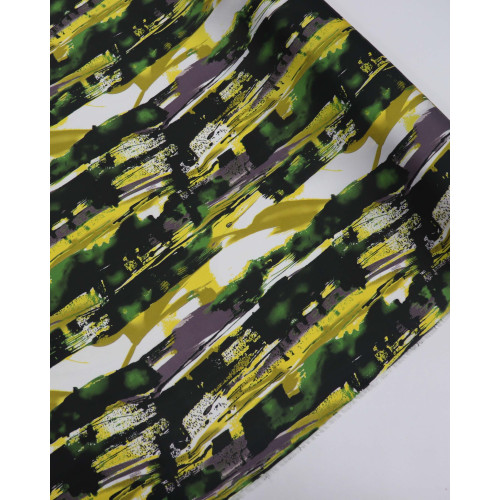 Tecido Crepe Silk Pinceladas Abstratas Amarelo, Verde e Branco