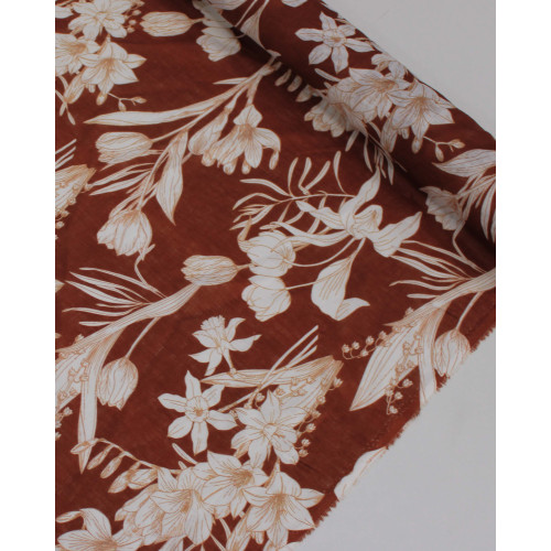 Tecido Linho Puro Italiano Ramos Florais Branco e Castanho