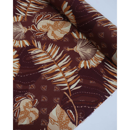Tecido Viscose Texturizada Folhagens e Desenho Étnico Tons Terrosos
