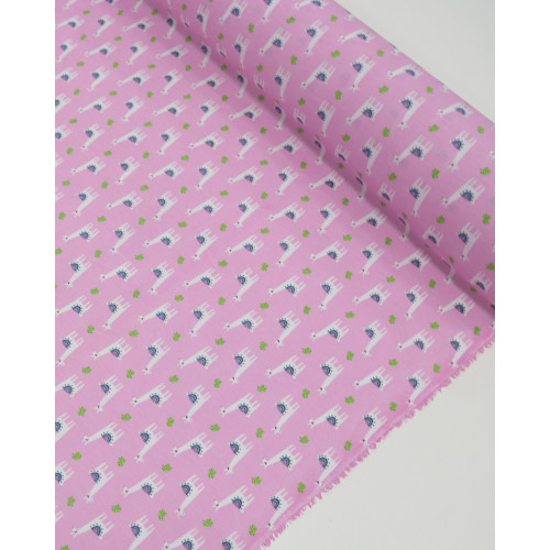 Tecido Tricoline Mista Lhamas e Cactos Branco, Verde e Rosa