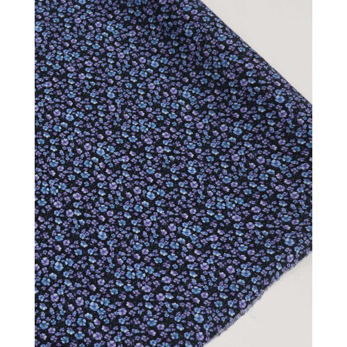 Tecido Crepe de Viscose Italiano Campo Floral Azul, Lilás e Preto