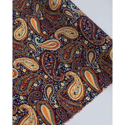 Tecido Viscose Paisley Floral Colorido e Azul Marinho Noite