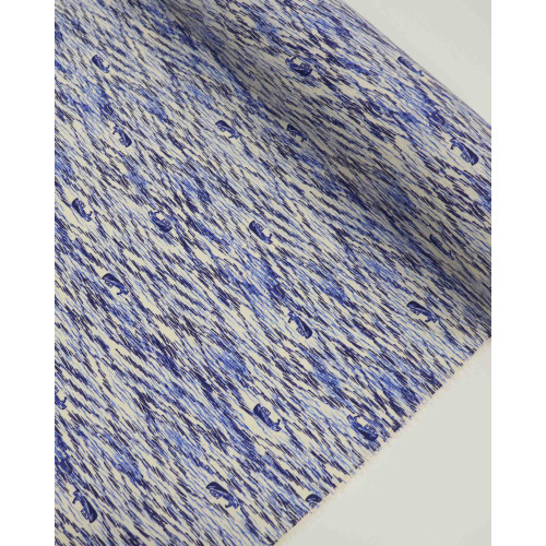 Tecido Viscose Texturizada Barcos e Mar em Riscos Tons de Azul e Offwhite