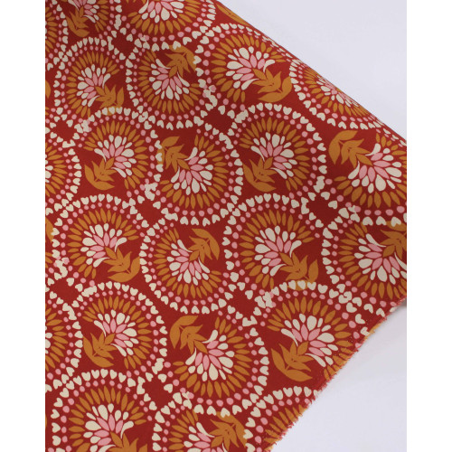 Tecido Viscose Arcos e Corações Offwhite, Caramelo e Vermelho