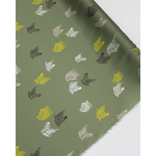 Tecido Crepe Silk Italiano Zebras Coloridas e Verde Militar