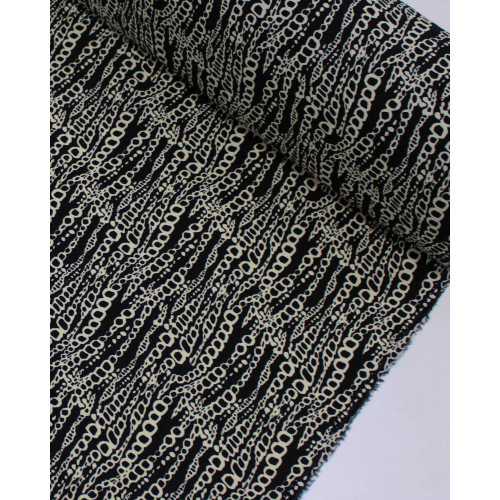 Tecido Viscose Correntes Onduladas Offwhite e Preto
